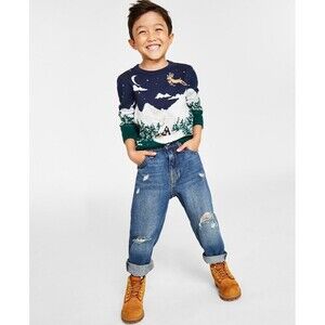 Charter Club Holiday Lane Big Boys Snowy Landscape Crewneck Sweater Navy Blue L